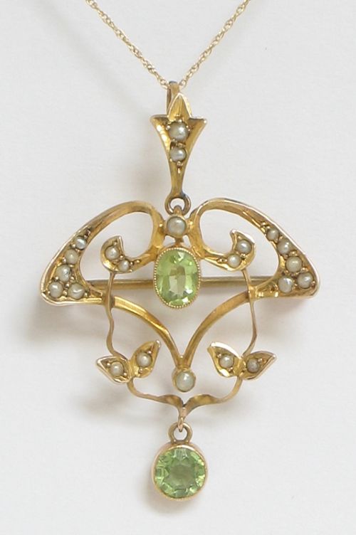 fig 1. BEAUTIFUL SOLID 9CT GOLD PERIODT AND SEED PEARL PENDANT BROOCH C1890