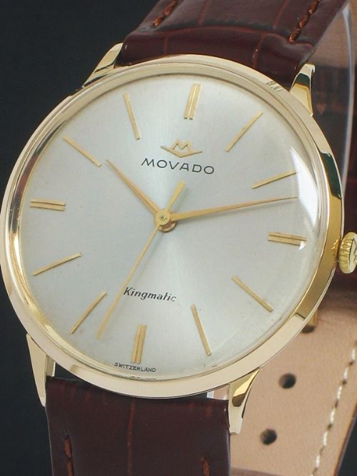 fig 1. MINT CONDITION SOLID 14CT GOLD MOVADO KINGMATIC AUTOMATIC MENS WATCH WITH BOX