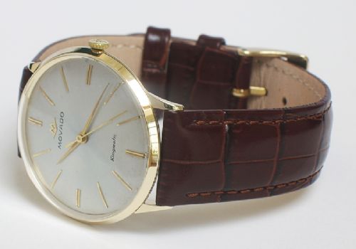 fig 7. MINT CONDITION SOLID 14CT GOLD MOVADO KINGMATIC AUTOMATIC MENS WATCH WITH BOX