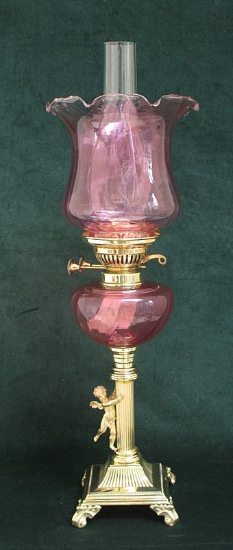 Beautiful Tall Victorian Solid Brass and Cranberry Glass Cherub Oil Lamp C1890