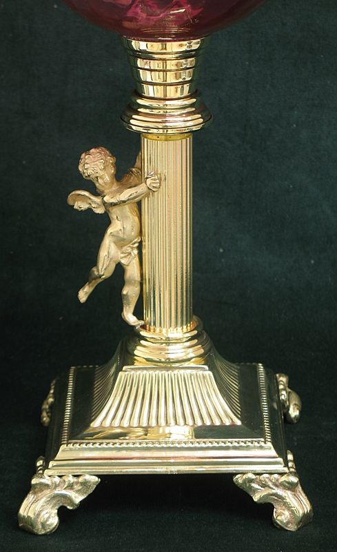 fig 1. BEAUTIFUL TALL VICTORIAN SOLID BRASS AND CRANBERRY GLASS CHERUB OIL LAMP C1890