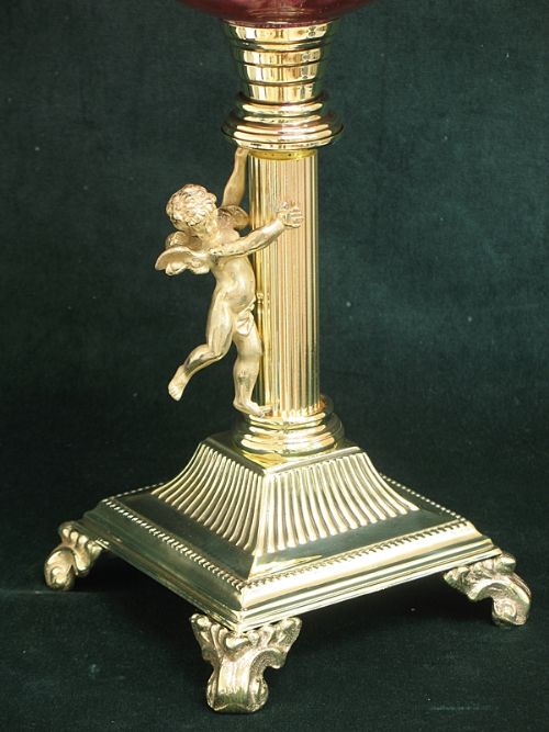 fig 2. BEAUTIFUL TALL VICTORIAN SOLID BRASS AND CRANBERRY GLASS CHERUB OIL LAMP C1890