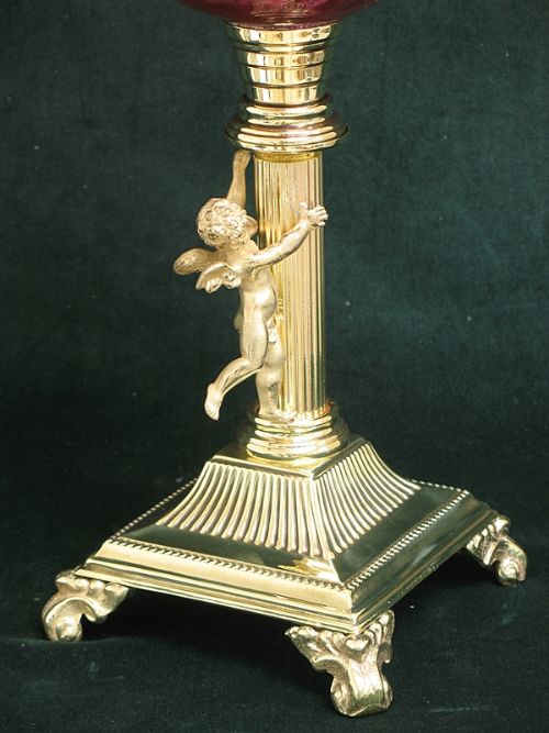 fig 3. BEAUTIFUL TALL VICTORIAN SOLID BRASS AND CRANBERRY GLASS CHERUB OIL LAMP C1890