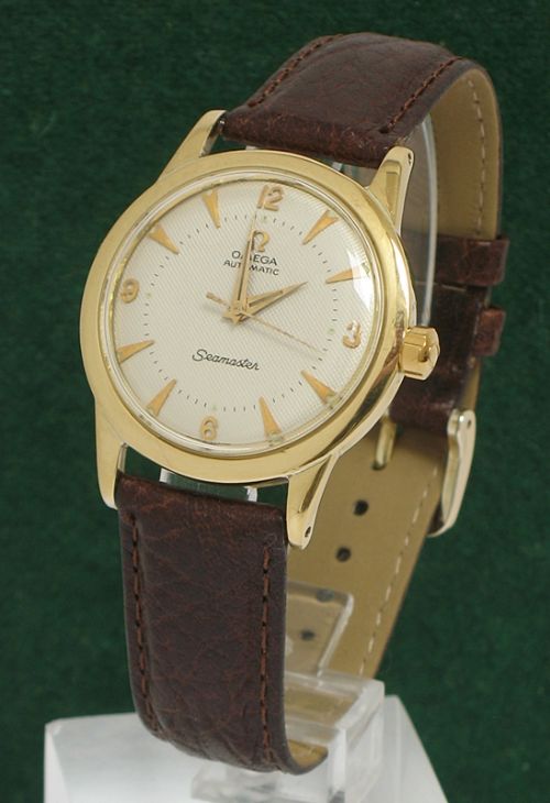 fig 1. OUTSTANDING RARE SOLID 18CT GOLD OMEGA SEAMASTER AUTOMATIC BUMPER MENS WATCH C1953-54