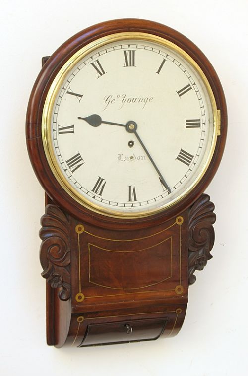 fig 1. SUPERB MAHOGANY DROP DIAL GEROGIAN REGENCY FUSEE WALL CLOCK BY GEORGE YOUNGE OF LONDON C1820