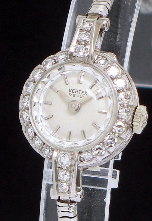 fig 1. BEAUTIFUL PLATINUM AND DIAMOND VERTEX REVIEW LADIES COCKTAIL WATCH C1950