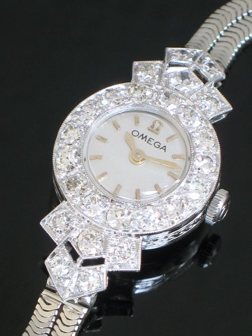 fig 1. DELIGHTFUL OMEGA PLATINUM AND DIAMOND ART DECO LADIES COCKTAIL WATCH C1960
