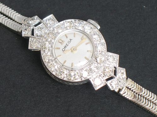 fig 4. DELIGHTFUL OMEGA PLATINUM AND DIAMOND ART DECO LADIES COCKTAIL WATCH C1960