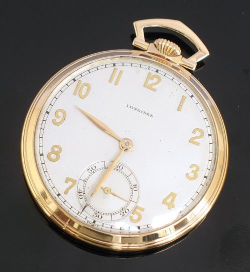 fig 1. SUPERB ORIGINAL SOLID 14CT GOLD LONGINES ART DECO POCKET WATCH C1936