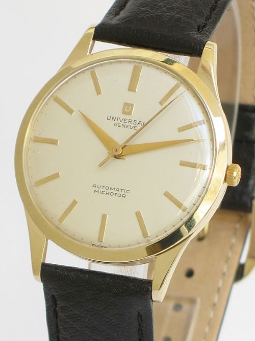 fig 1. RARE SOLID 9CT GOLD UNIVERSAL GENEVE MICROROTOR 28 JEWEL AUTOMATIC MENS WATCH c1955