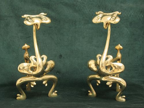 Superb Pair of Large Solid Brass Victorian Art Nouveau Owl Face Fire Dogs Chenets Andirons C1880
