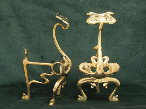 fig 1. SUPERB PAIR OF LARGE SOLID BRASS VICTORIAN ART NOUVEAU OWL FACE FIRE DOGS CHENETS ANDIRONS C1880