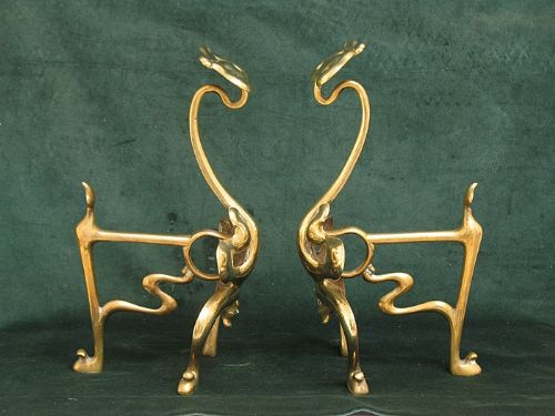 fig 2. SUPERB PAIR OF LARGE SOLID BRASS VICTORIAN ART NOUVEAU OWL FACE FIRE DOGS CHENETS ANDIRONS C1880