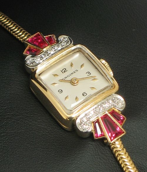 fig 8. STUNNING SOLID 18CT GOLD LONGINES DIAMOND AND RUBY LADIES COCKTAIL WATCH