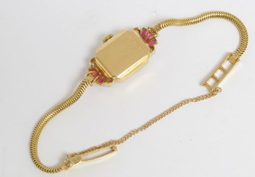 fig 10. STUNNING SOLID 18CT GOLD LONGINES DIAMOND AND RUBY LADIES COCKTAIL WATCH