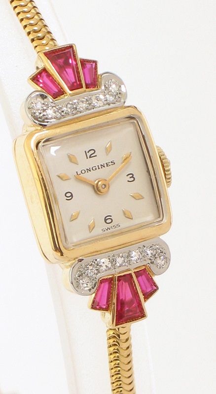 fig 1. STUNNING SOLID 18CT GOLD LONGINES DIAMOND AND RUBY LADIES COCKTAIL WATCH