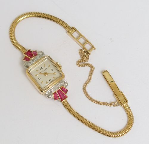 fig 2. STUNNING SOLID 18CT GOLD LONGINES DIAMOND AND RUBY LADIES COCKTAIL WATCH