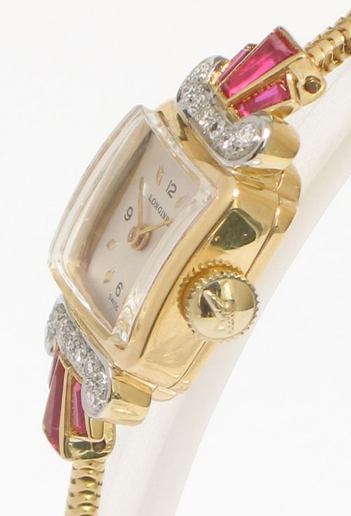 fig 3. STUNNING SOLID 18CT GOLD LONGINES DIAMOND AND RUBY LADIES COCKTAIL WATCH