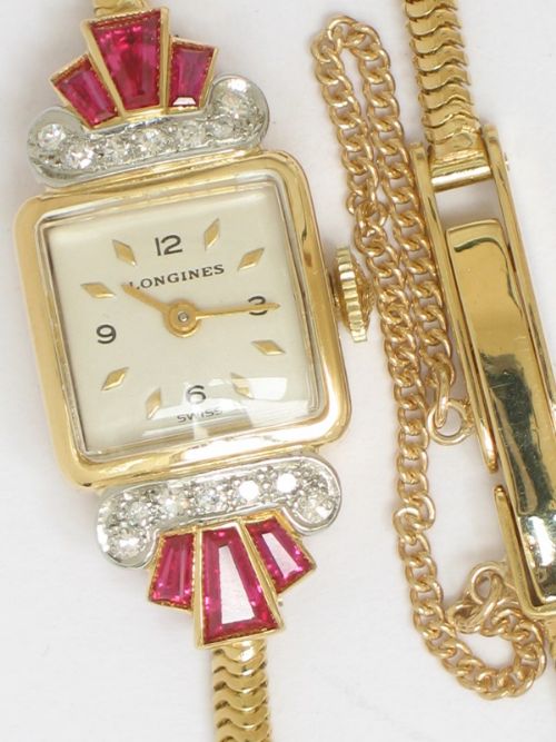fig 5. STUNNING SOLID 18CT GOLD LONGINES DIAMOND AND RUBY LADIES COCKTAIL WATCH