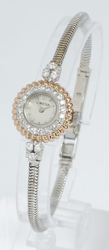 Stunning Unique Platinum and 18ct Rose Gold and Diamonds Omega Art Deco Ladies Cocktail Watch 1950