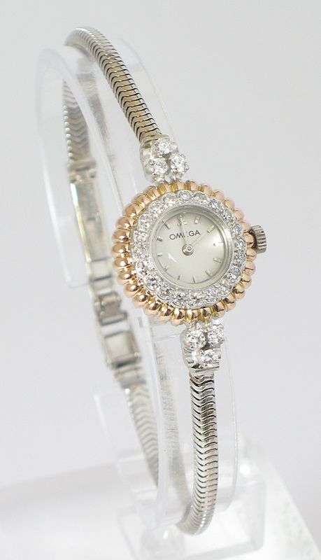 fig 1. STUNNING UNIQUE PLATINUM AND 18CT ROSE GOLD AND DIAMONDS OMEGA ART DECO LADIES COCKTAIL WATCH 1950