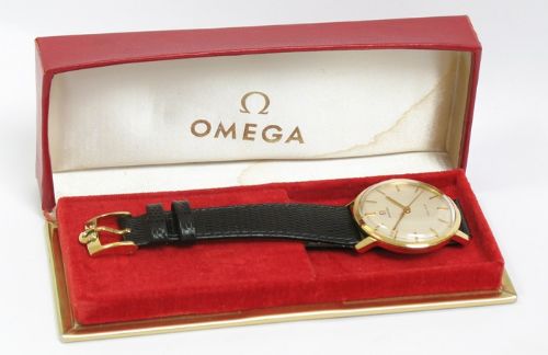 fig 9. SUPERB ORIGINAL SOLID 18CT GOLD OMEGA GENEVE MENS WATCH WITH BOX
