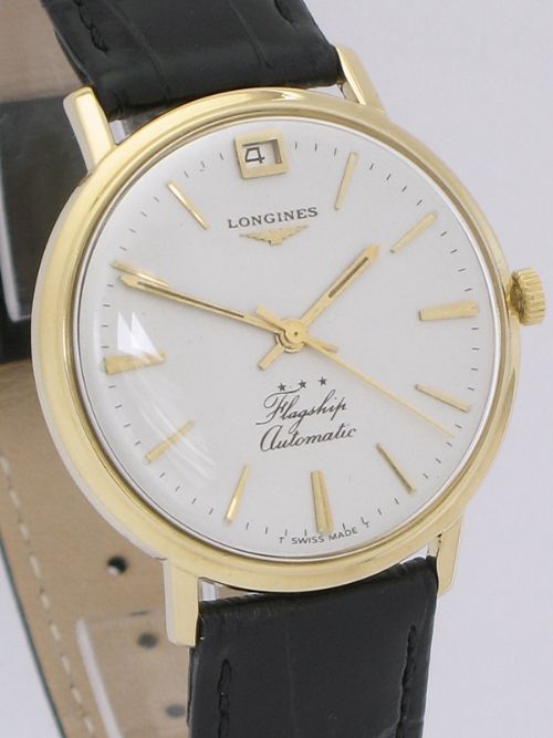 fig 5. 18ct 18k gold longines flagship calibre 341 automatic with date mens watch c1960