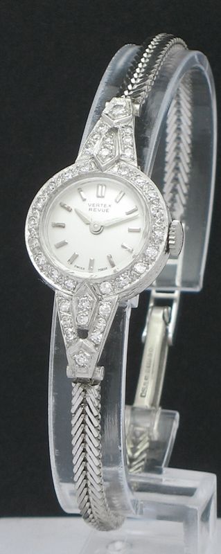 fig 1. STUNNING PLATINUM AND DIAMOND VERTEX REVUE ART DECO LADIES COCKTAIL WATCH C1950