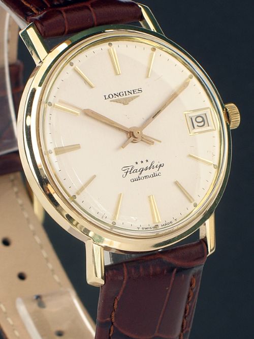 fig 2. SUPERB ORIGINAL SOLID 9CT GOLD LONGINES FLAGSHIP AUTOMATIC MENS WATCH WITH ORIGINAL BOX