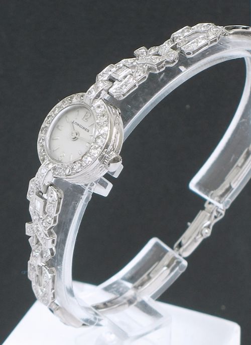 fig 1. DIVINE LONGINES PLATINUM AND DIAMOND ART DECO LADIES COCKTAIL WATCH C1940