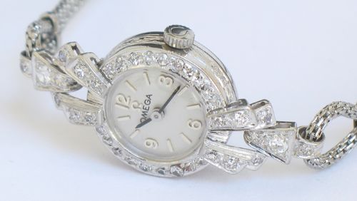 fig 4. VERY PRETTY OMEGA PLATINUM AND DIAMOND LADIES COCKTAIL WATCH C1950
