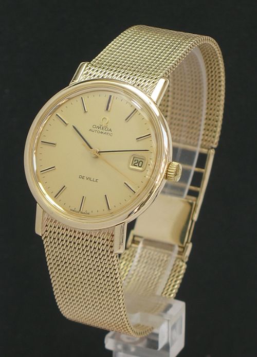 fig 1. STUNNING SOLID 9CT GOLD OMEGA DE VILLE AUTOMATIC WITH DATE MENS WATCH WITH ORIGINAL BOX