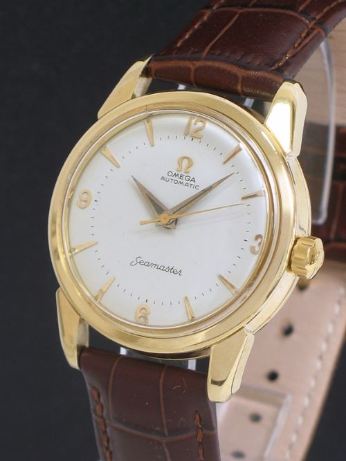 fig 1. STUNNING ORIGINAL SOLID 18CT 18K GOLD OMEGA SEAMASTER AUTOMATIC MENS WATCH WITH BOX C1959