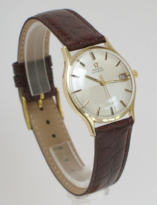 Superb Solid 9ct Gold Omega Automatic Quick Set Date Harlequin Dial Mens Watch