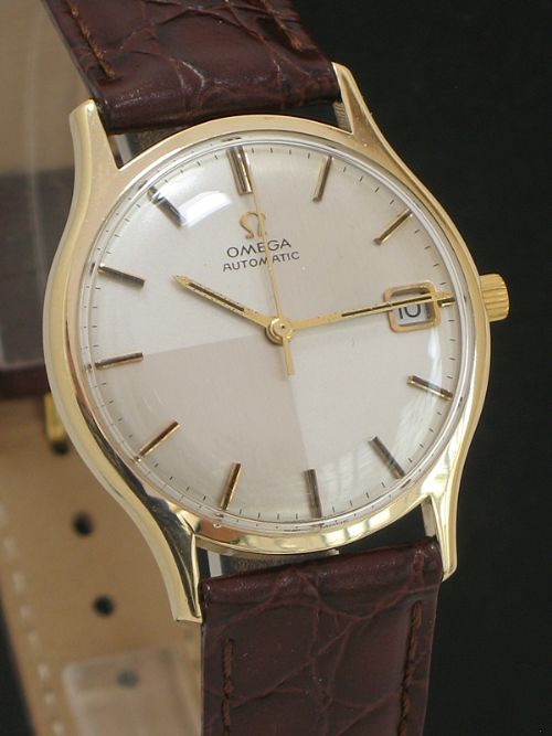 fig 3. SUPERB SOLID 9CT GOLD OMEGA AUTOMATIC QUICK SET DATE HARLEQUIN DIAL MENS WATCH