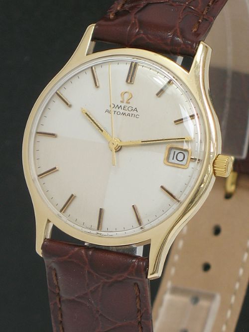 fig 4. SUPERB SOLID 9CT GOLD OMEGA AUTOMATIC QUICK SET DATE HARLEQUIN DIAL MENS WATCH