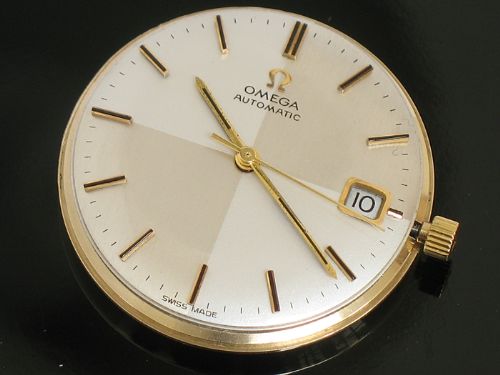 fig 6. SUPERB SOLID 9CT GOLD OMEGA AUTOMATIC QUICK SET DATE HARLEQUIN DIAL MENS WATCH