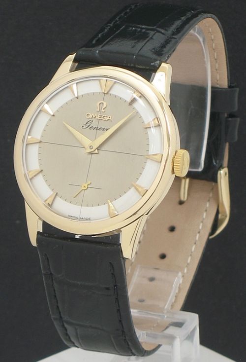 Incredible Solid 9ct Gold Omega Geneve Two Tone Dial Mens Watch with Box C1955
