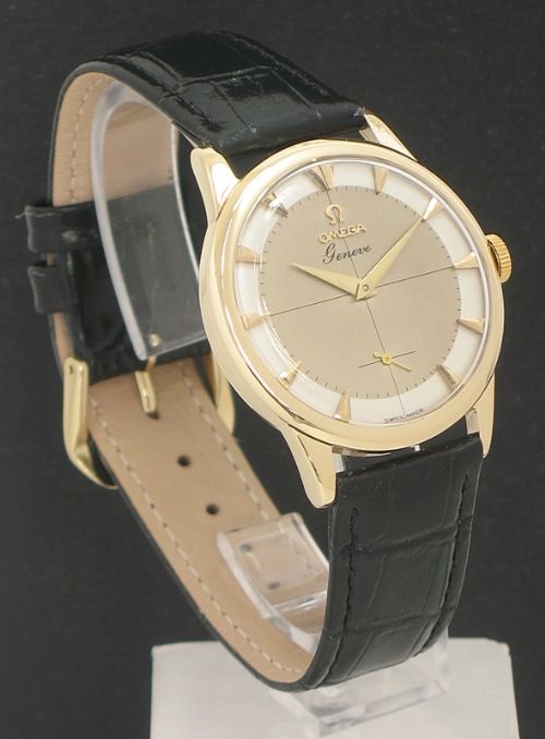 fig 1. INCREDIBLE SOLID 9CT GOLD OMEGA GENEVE TWO TONE DIAL MENS WATCH WITH BOX C1955