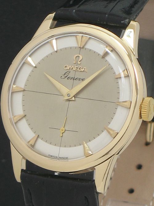 fig 2. INCREDIBLE SOLID 9CT GOLD OMEGA GENEVE TWO TONE DIAL MENS WATCH WITH BOX C1955