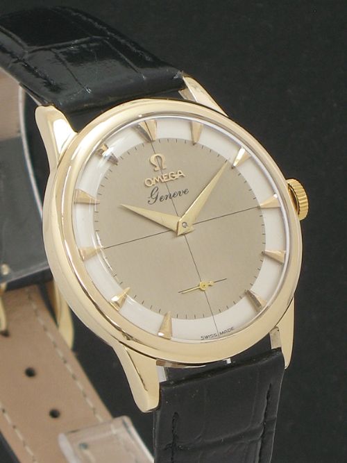 fig 3. INCREDIBLE SOLID 9CT GOLD OMEGA GENEVE TWO TONE DIAL MENS WATCH WITH BOX C1955