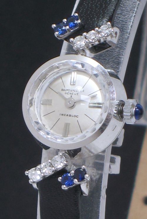 fig 1. LOVELY SOLID 18CT WHITE GOLD BAUME AND MERCIER DIAMOND AND SAPPHIRE LADIES VINTAGE COCKTAIL WATCH