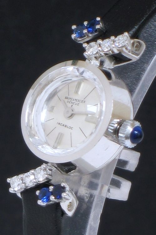 fig 2. LOVELY SOLID 18CT WHITE GOLD BAUME AND MERCIER DIAMOND AND SAPPHIRE LADIES VINTAGE COCKTAIL WATCH