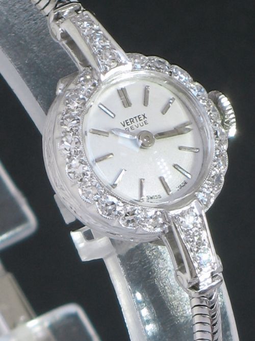 fig 5. CLASSIC VERTEX REVUE PLATINUM AND DIAMONDS LADIES COCKTAIL WATCH C1950