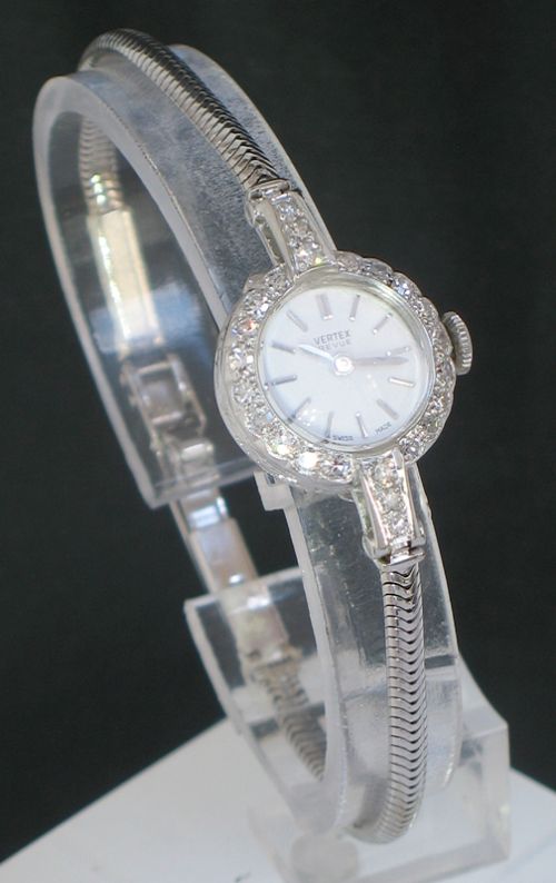 fig 6. CLASSIC VERTEX REVUE PLATINUM AND DIAMONDS LADIES COCKTAIL WATCH C1950