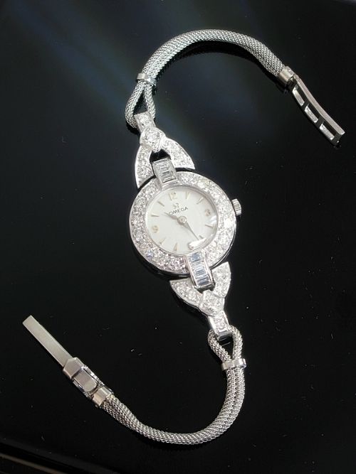 fig 4. BREATHTAKING LARGE PLATINUM AND 3.5CTS DIAMOND OMEGA LADIES COCKTAIL WATCH C1950