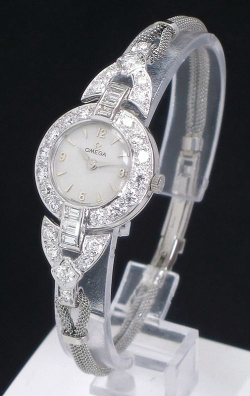 fig 1. BREATHTAKING LARGE PLATINUM AND 3.5CTS DIAMOND OMEGA LADIES COCKTAIL WATCH C1950