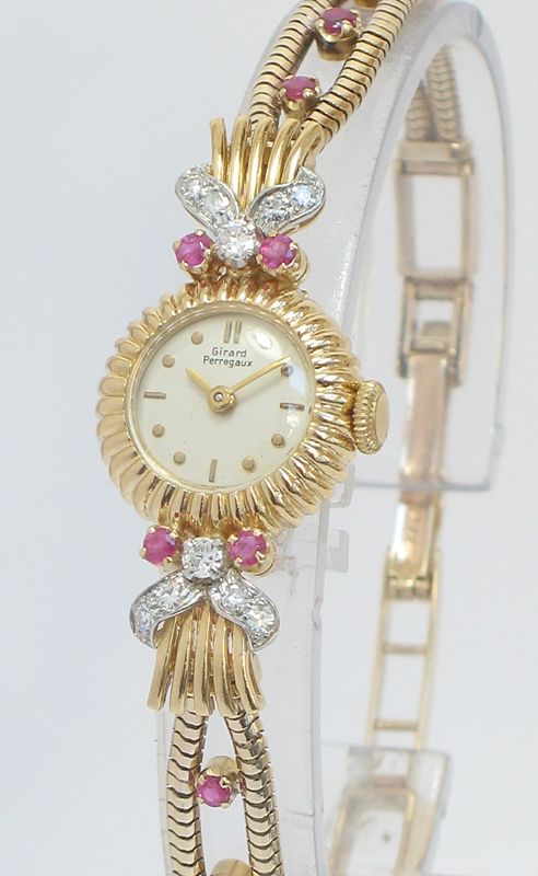 fig 1. STUNNING GIRARD-PERREGAUX SOLID 18CT GOLD RUBY AND DIAMOND LADIES VINTAGE COCKTAIL WATCH c1955