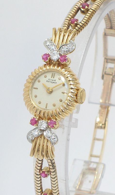fig 2. STUNNING GIRARD-PERREGAUX SOLID 18CT GOLD RUBY AND DIAMOND LADIES VINTAGE COCKTAIL WATCH c1955