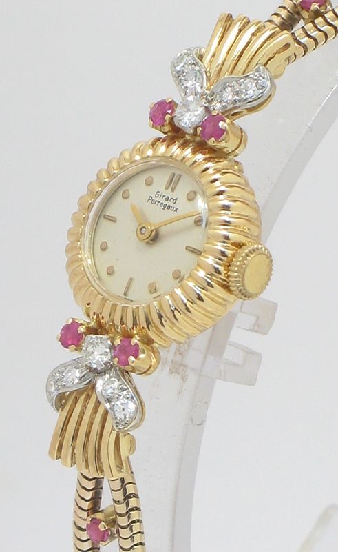 fig 3. STUNNING GIRARD-PERREGAUX SOLID 18CT GOLD RUBY AND DIAMOND LADIES VINTAGE COCKTAIL WATCH c1955